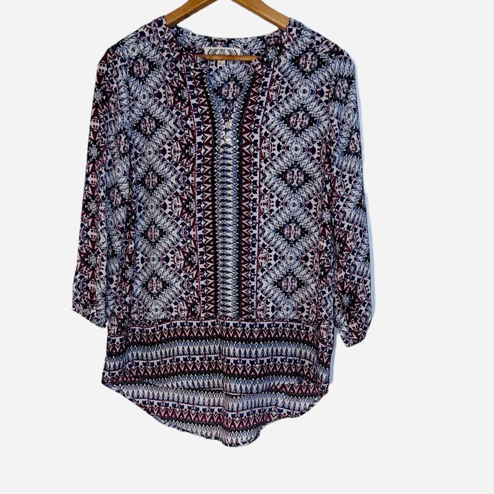 Pink Rose Blouse Women Medium Blue Maroon Pullover V-Neck Balloon Sleeve Boho